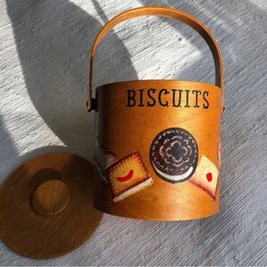 Vintage MCM Wooden 'Biscuits' Cookie Jar. Made in Japan.